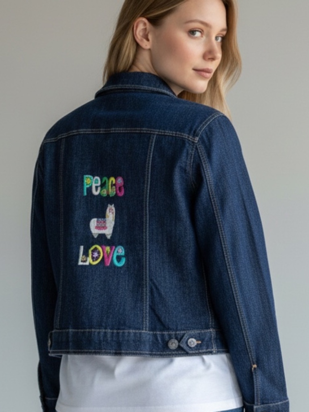 Vintage Smart Set Insider Denim Jacket Dark Wash Peace Love Llama Size Large